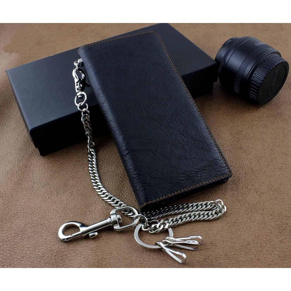 

Men's Genuine Leather Long Wallet, Fashion Vintage Biker Wallet With Chain, Multi-card Card Holder, Clutch Wallet Money Clip