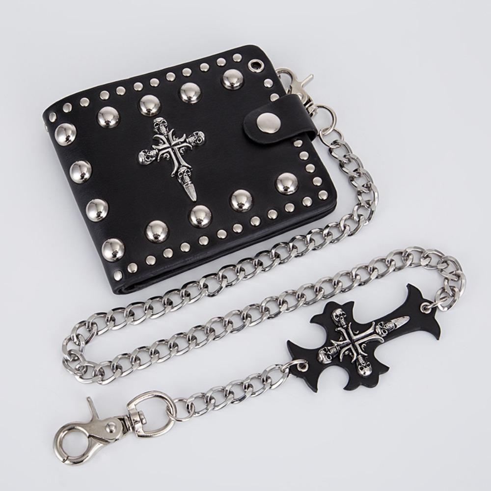 Skull Studded Biker Hip Hop Wallet with Cross Skull Chain, Men's Leather Purse, Vintage Card Holder,Temu