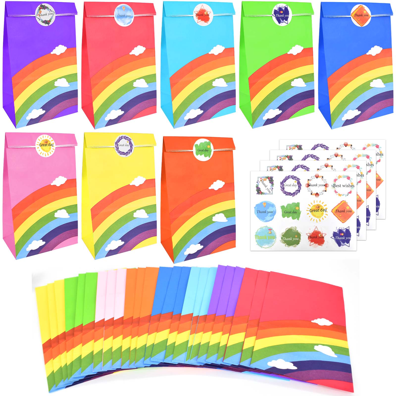 Bolsas de papel con pegatinas arcoíris para fiestas de cumpleaños