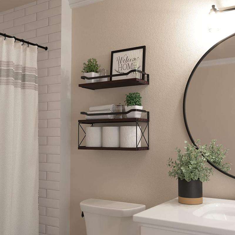 1pc Wall Mounted Floating Shelves, Rustic Wood Bathroom Shelves With Toilet  Paper Storage Basket And Towel Bar, Farmhouse Floating Shelf For Wall Deco