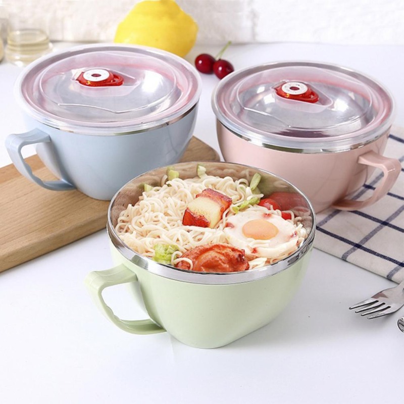 Noodle Bowl With Lid Handle Stainless Steel Plastic Leak-proof