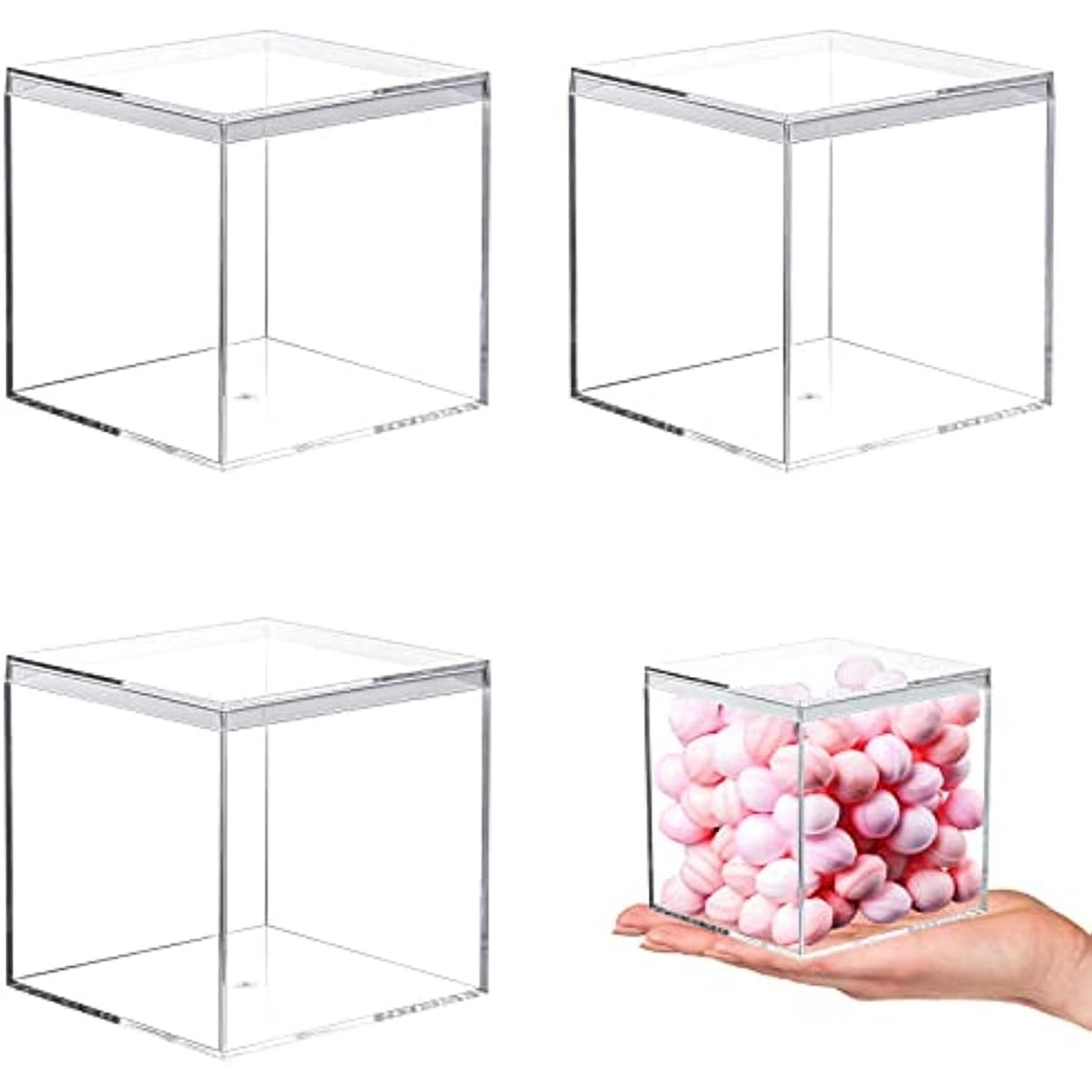 Clear Acrylic Box with Lid , 4 Pack Small Acrylic Box with Lid Plastic Square Cube Small Container ,Storage Boxes Organizer Containers for Candy Pill