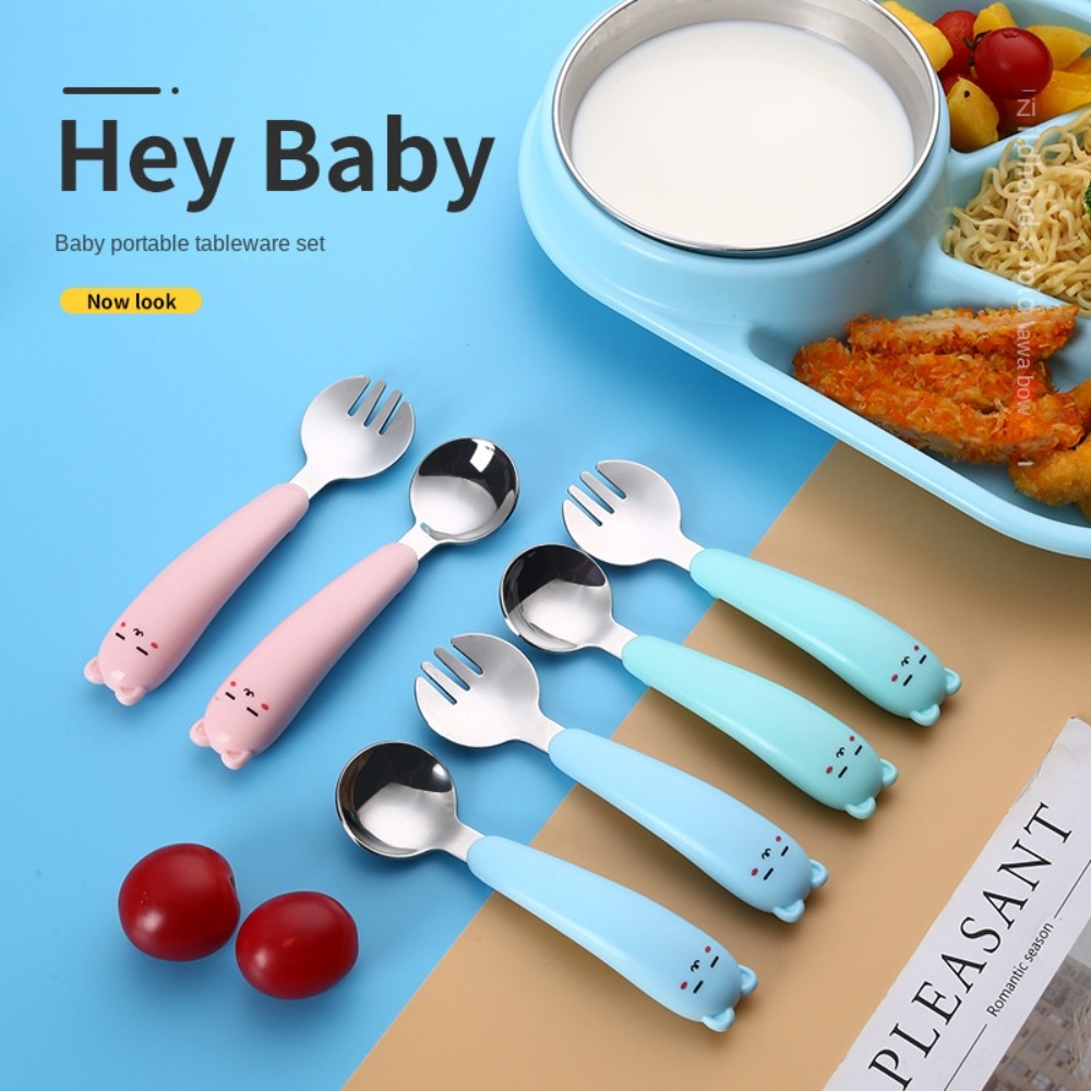 1 Set Baby Dishes Fork + Spoon Stainless Steel Cartoon Cute