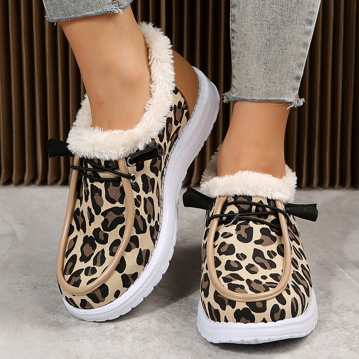 Leopard Print Fur Fleece Lined Flat Lightweight Comfortable Snow Shoes,  Plush Wear Resistance Non Slip Boat Shoes Loafers Shoes, Fall Aesthetic  Casual