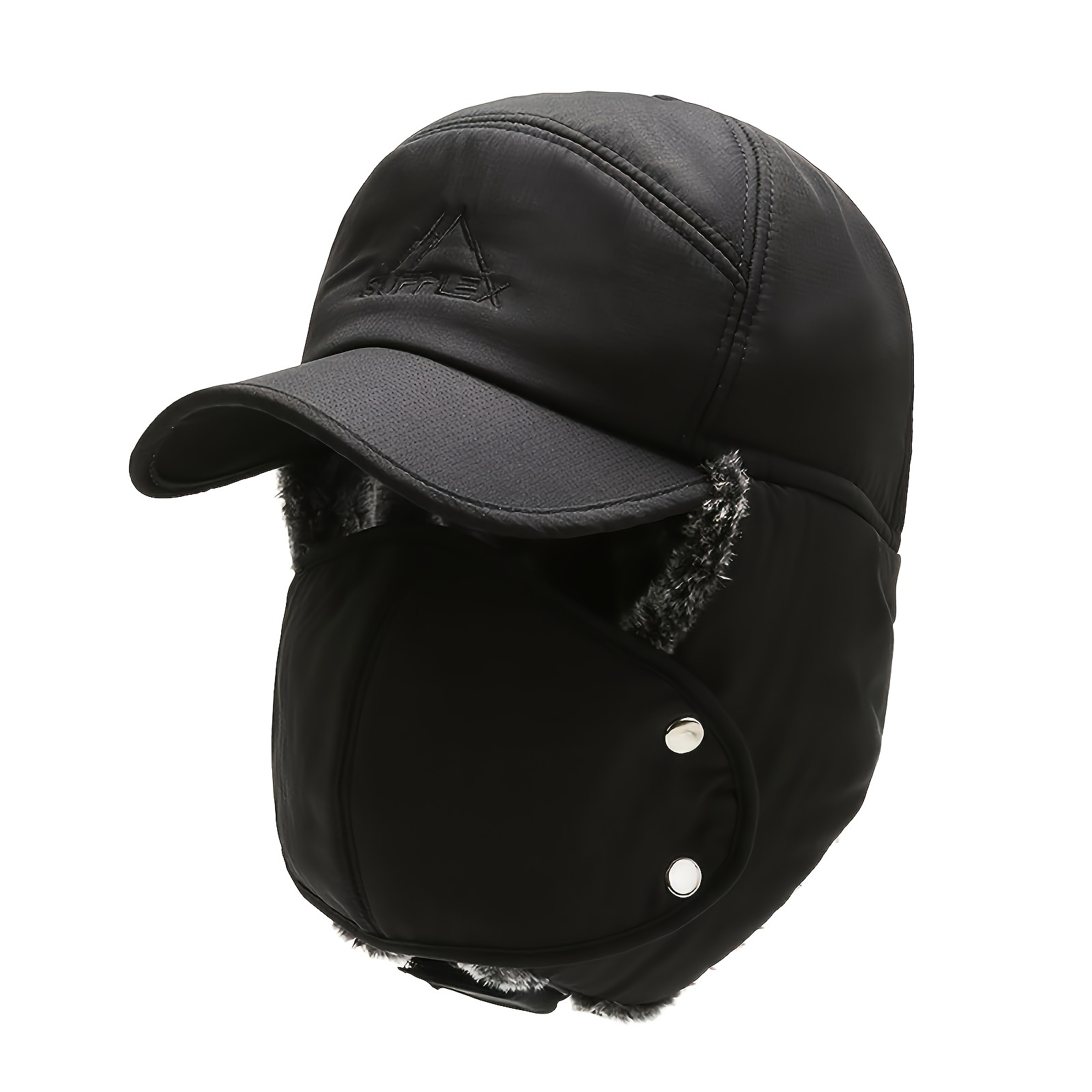 1pc Unisex Black Plush Earflap Trapper Hat With Mask, Ideal For