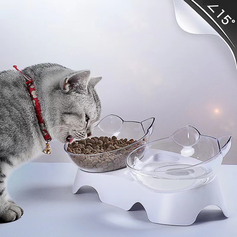 

1pc Elevated Pet Double Food Bowls, Plastic Cat Inclined Food And Water Bowl With Non-slip Stand For Indoor Cats