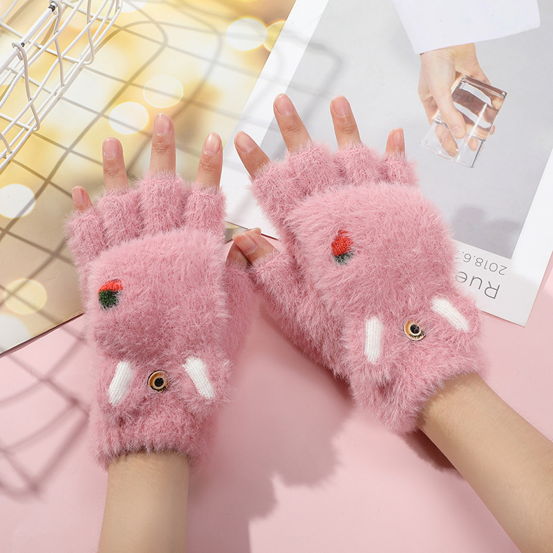 1 Pair Students Gloves Open Finger Solid Color Plush Knitted Flip Cover  Autumn Winter Women Thickened Half Finger Gloves for Outdoor Pink One Size  