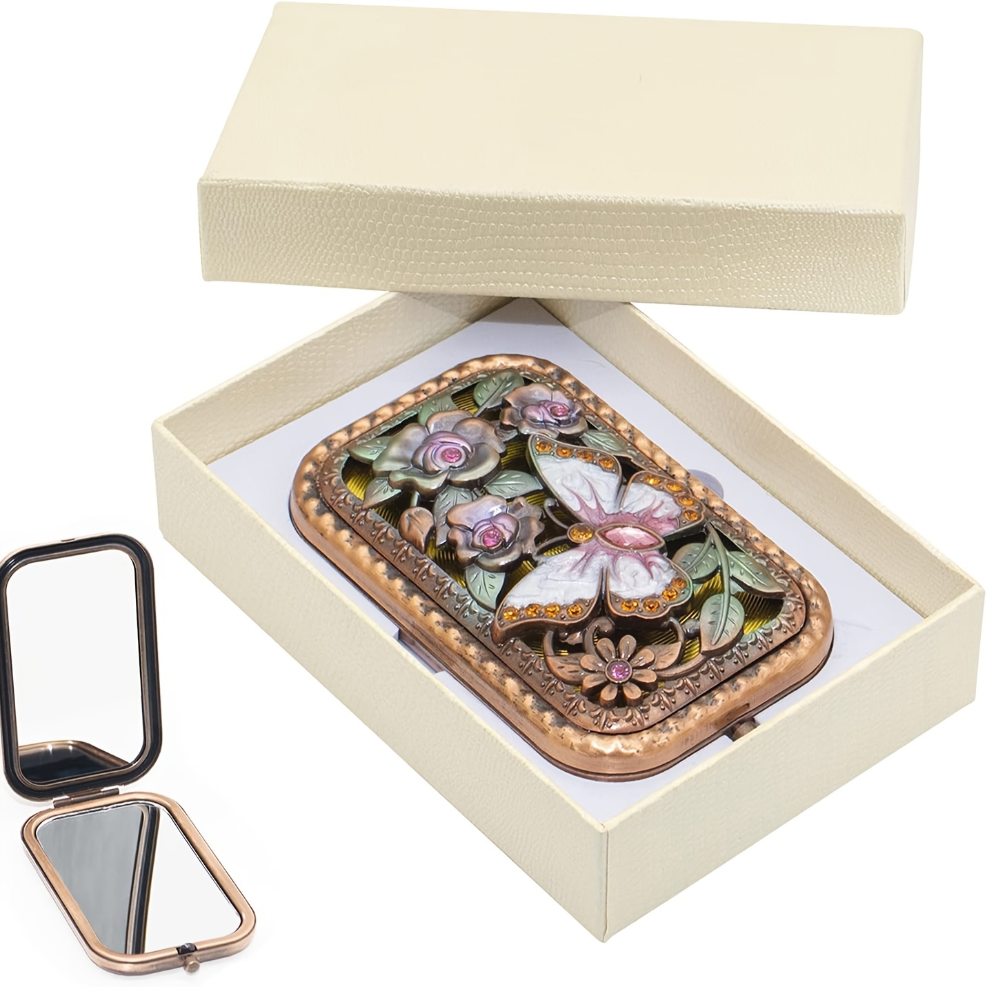 Vintage Metal Compact Mirror 2 Sided 2X 1X Magnification Portable And Foldable
