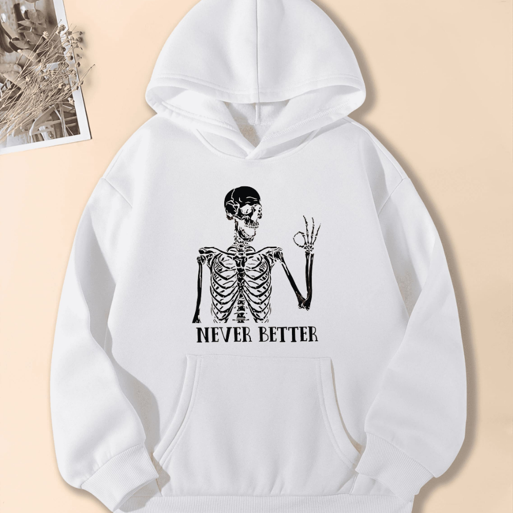 

Funny Skeleton And Slogan Print Girl Hooded Sweatshirt Smart & Comfy Casual Tops Tween Kids Clothing For Fall/ Winter Street Outfit
