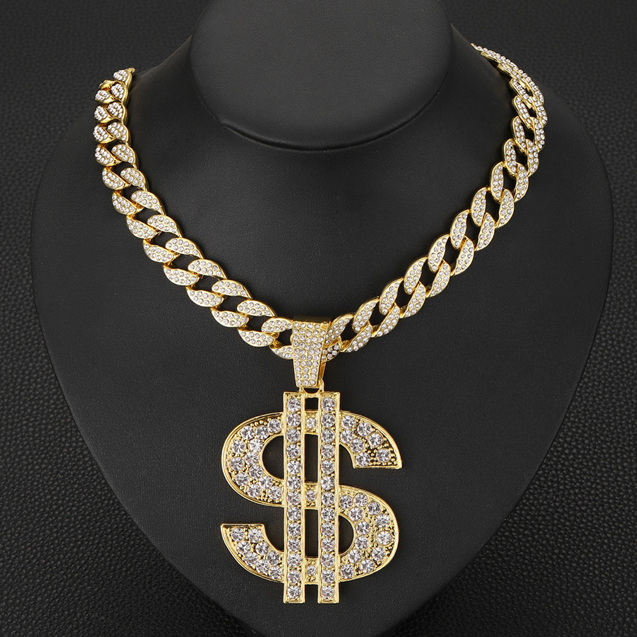 HIP HOP ICED BLING OUT GOLD PT BANDED DOLLAR SIGN PENDANT CHARM, CUBAN  NECKLACE