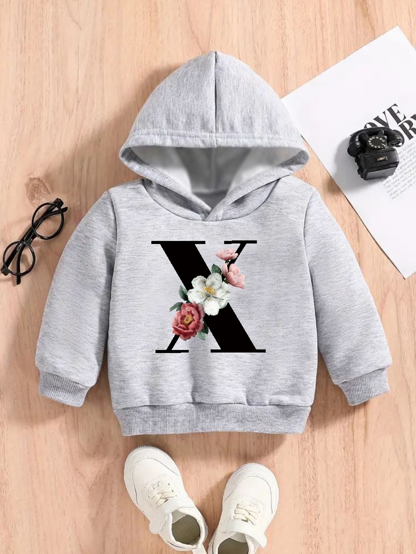Flower And X Print Boys Casual Pullover Long Sleeve Hoodies, Boys