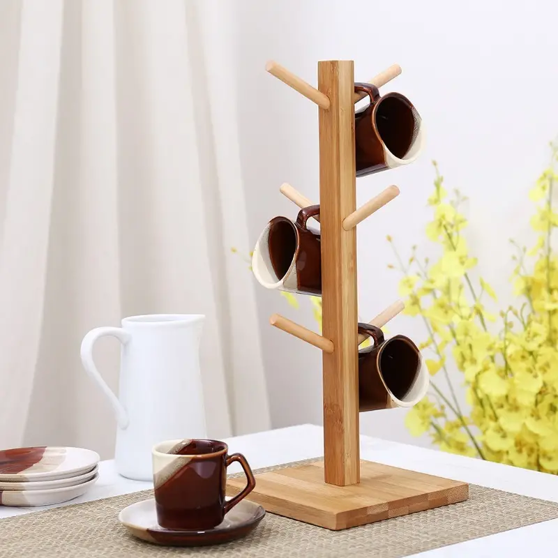 1pc Bamboo Drain Rack With 6 Claw Hanging Cup Holder Suitable For