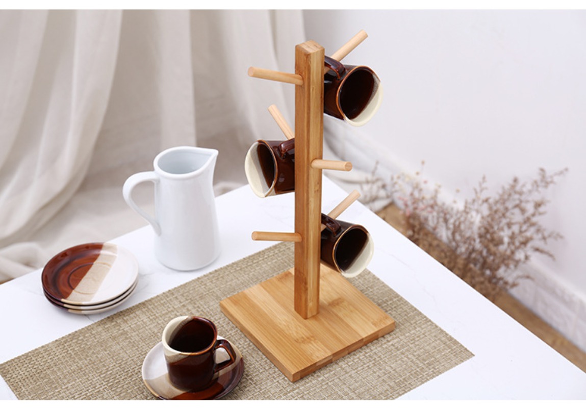 Coffee Cup Holder, Bamboo Mug Tree With Thickened Base, Coffee Cup Holder, Glass  Cup Holder For Counter, Upside Down Drain Shelf Mug Holder With 6 Hooks,  Home Kitchen Supplies - Temu