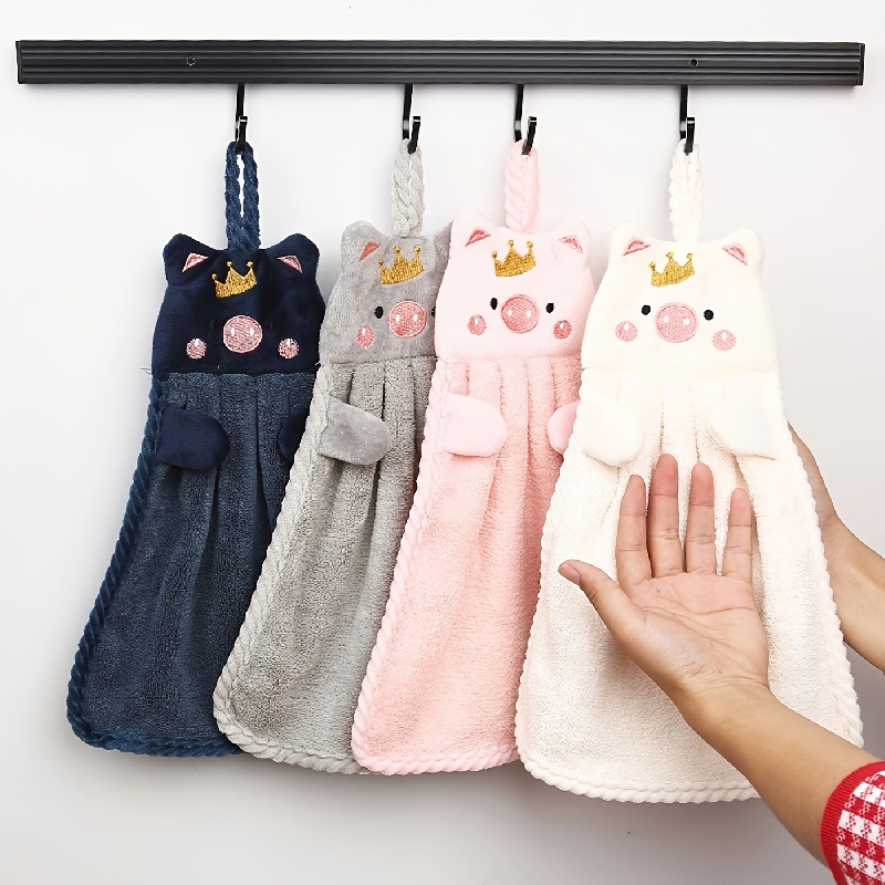 

4pcs Cute Piggy Hand Towel - Absorbent Coral Velvet Kitchen Towel & Hanging Household Towel