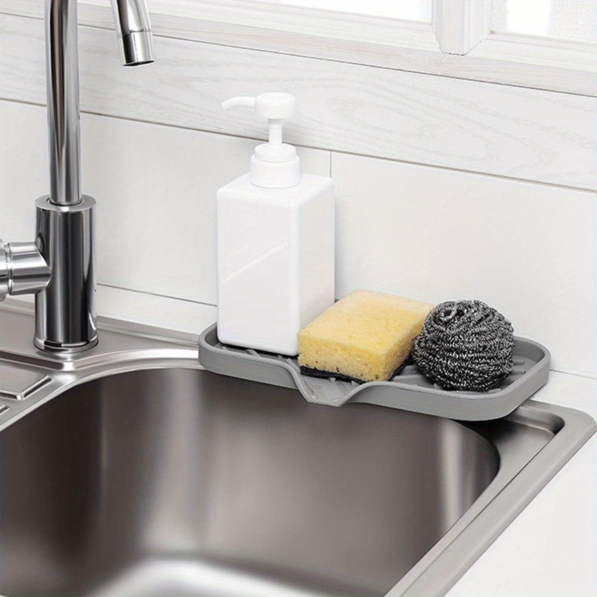 Silicone Sponge Holder Kitchen Sink Organizer Tray Dish Caddy Soap  Dispenser, Scrubber Spoon Holder, Dishwashing AccessoriesGray,1 Pack