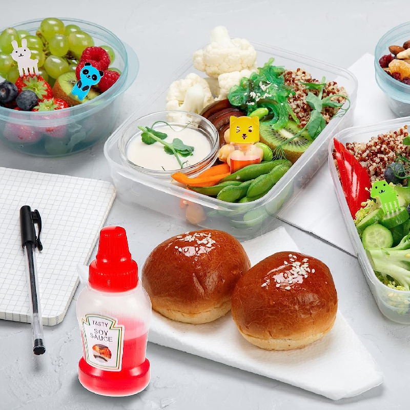 14 Pcs Mini Condiment Squeeze Bottles with 1 Dropper Dispensing Bottle, 46  Pcs Animal Food Picks, Cute Animal Head Plastic Sauce Bottles,Tomato