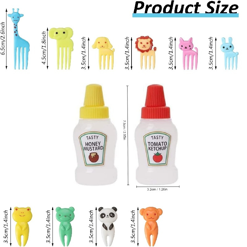 14 Pcs Mini Condiment Squeeze Bottles with 1 Dropper Dispensing Bottle, 46  Pcs Animal Food Picks, Cute Animal Head Plastic Sauce Bottles,Tomato