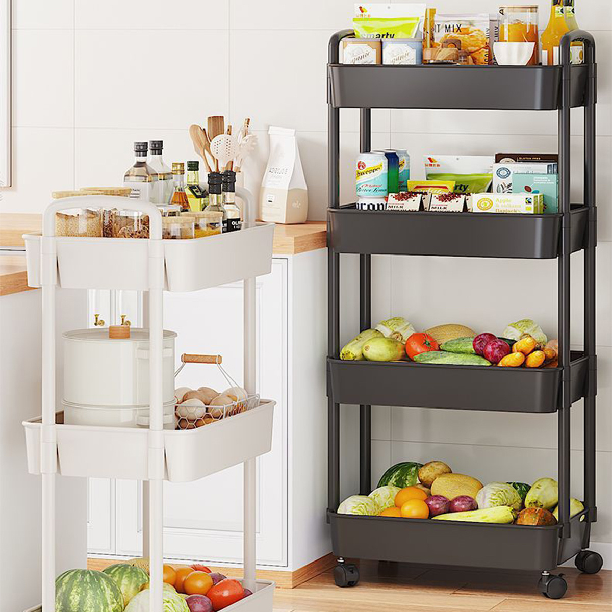 4 3-Tier Plastic Rolling Utility Cart Multi-Functional Storage