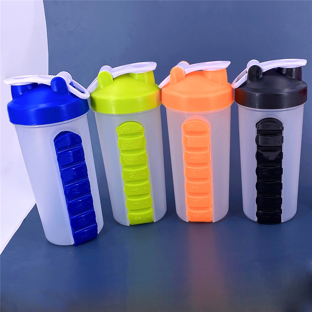 Kaufe Tragbare Kunststoff-Pillendose, Wasserbecher, zwei in einem, modische  600-ml-Wasserflasche, Pillenetui, Gesundheits- und Reisezubehör
