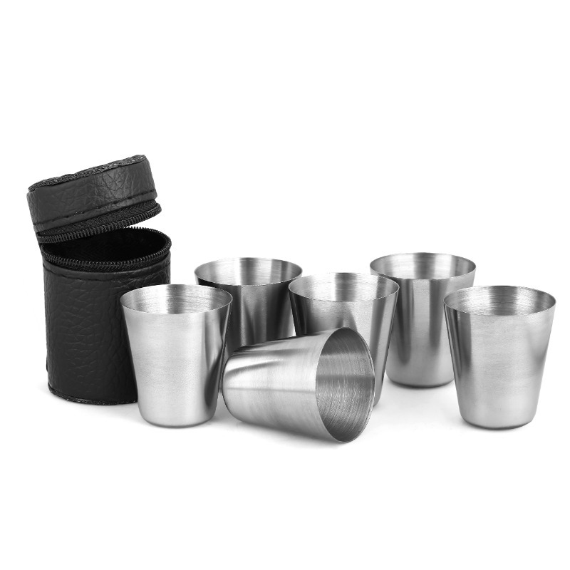 Stainless Steel Shot Cups, Set of 4 Cups, Metal Shot Glasses, Stackable,  Hip Flask Small with Leather Bag for Outdoor 