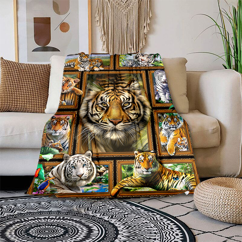 TEMU 1pc Cozy Domineering Tiger Print Blanket, Lightweight Flannel Throw For Sofa, Bed, Travel, Camping, Livingroom, Office, Couch, Chair, And Bed,