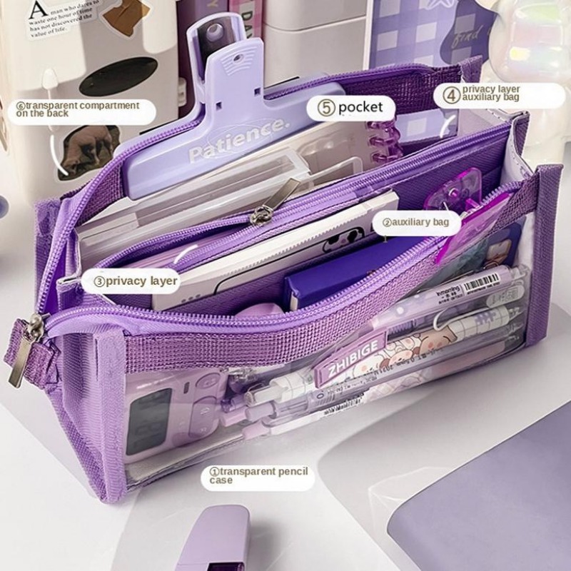 Large Capacity Pencil Bag Stationery Holder Box Aesthetic Transparent Pen  Case Six Layers Zipper Pencil Pouch