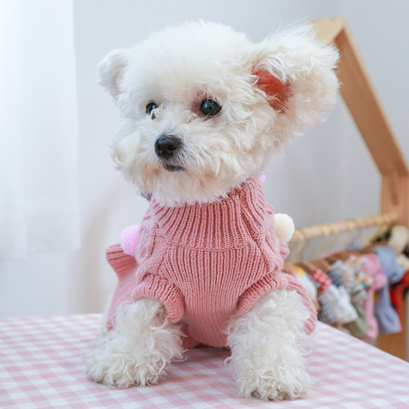 pet turtleneck sweater knitwear dog dress with pompoms warm pet