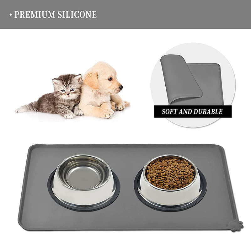 20 x 12 Inch Grey/Black/Blue Silicone Waterproof Pet Feeding Mat, Dog Cat  Bowl Mat for Food and Water,Raised Edges, Anti-Slip Tray Mats