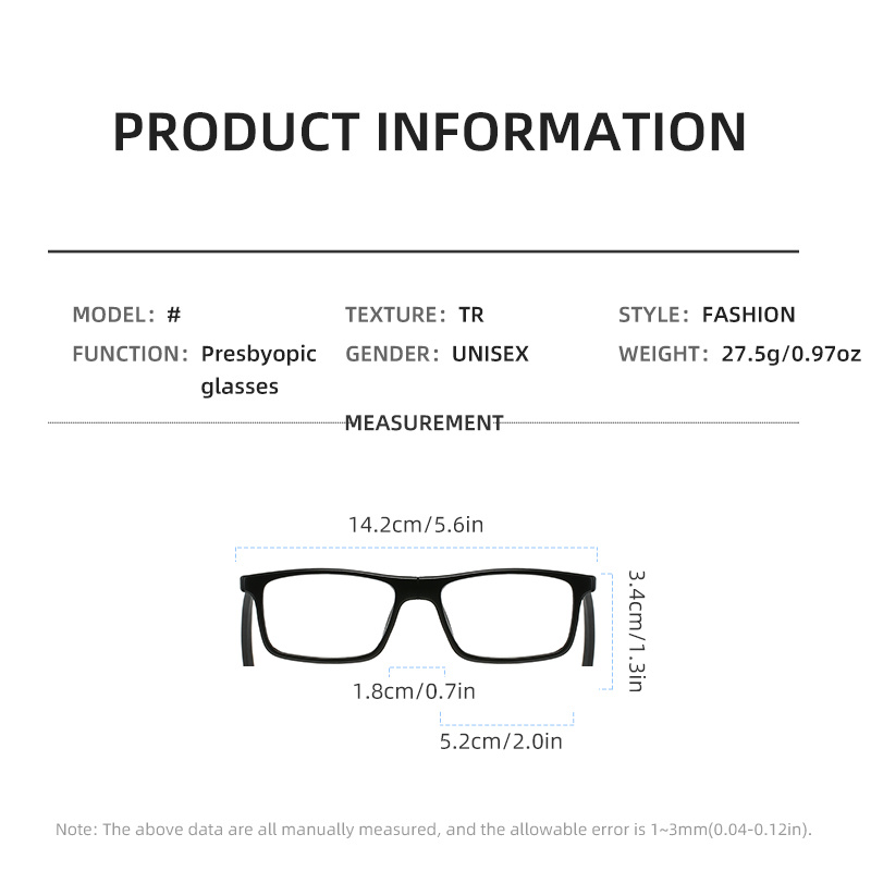 Adjustable Temples Square Frame Presbyopia Glasses