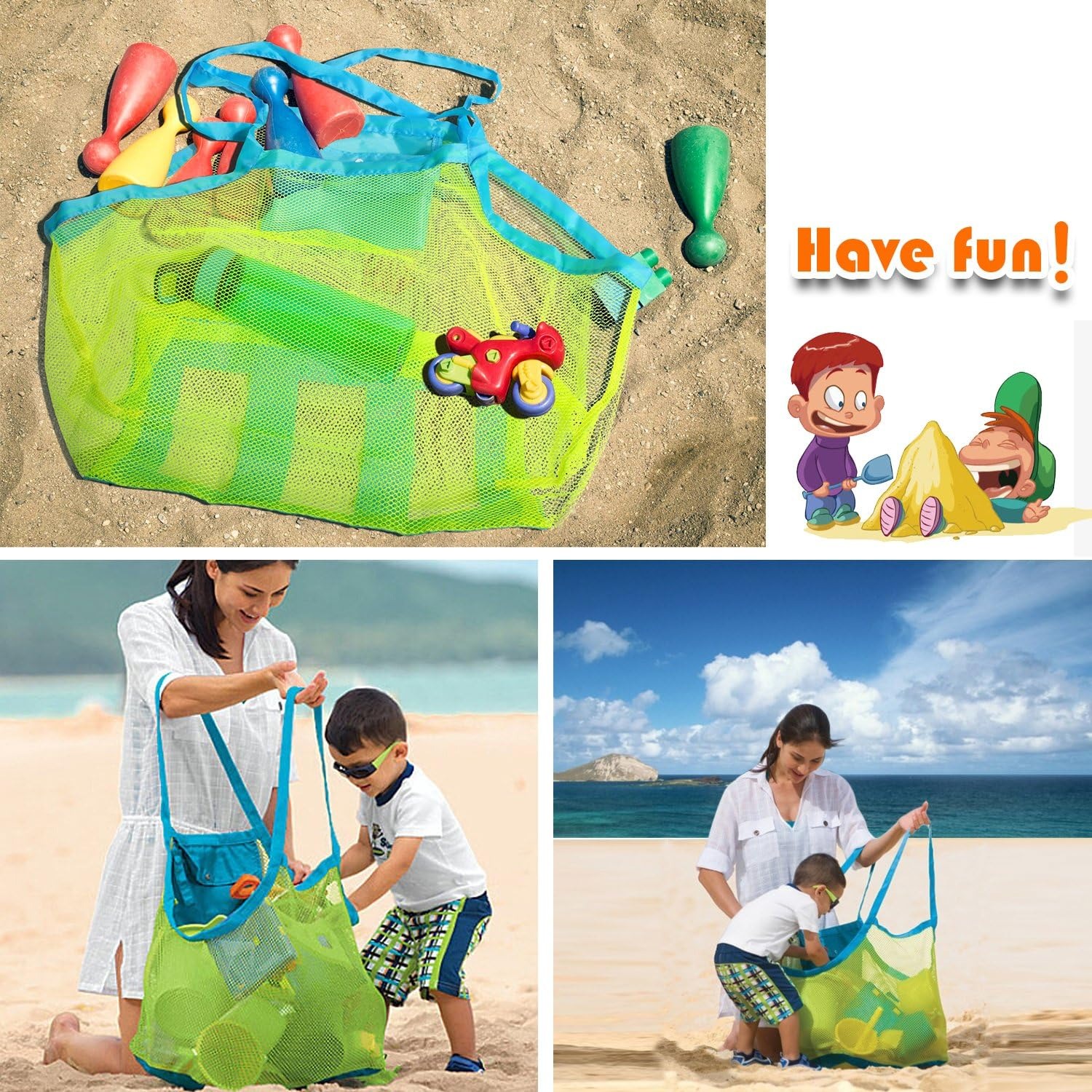 Mesh Beach Bag and Tote for Sand Toys Beach Net for Kids XL (Blue)