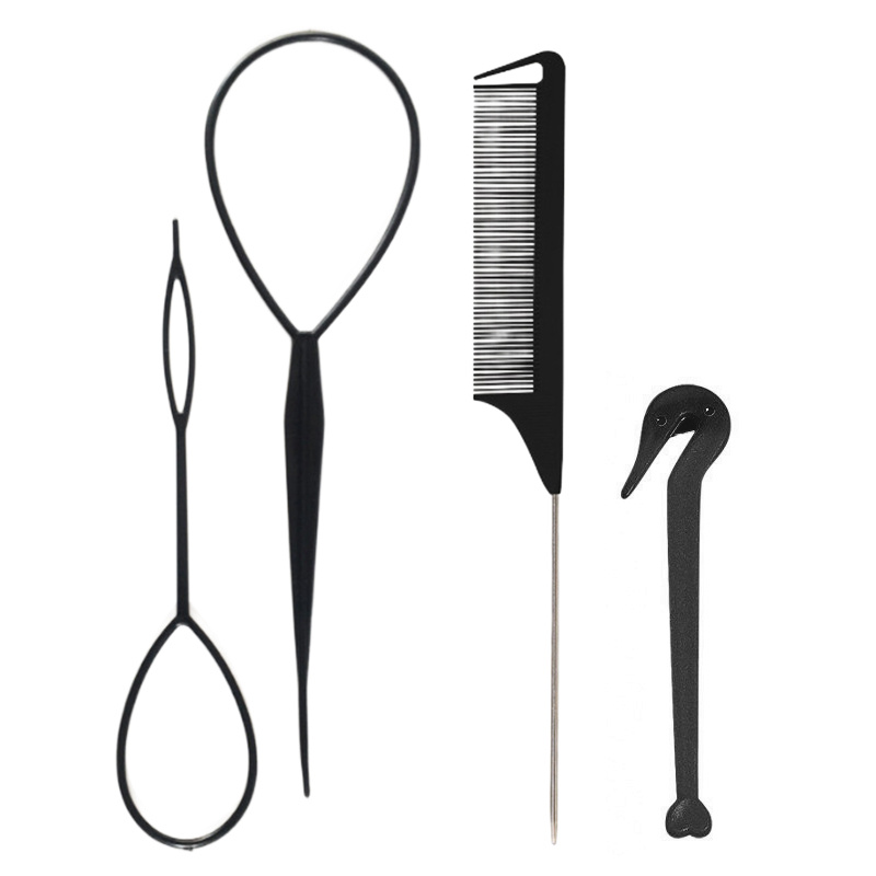 Hair Tail Tools, 4pcs Hair Loop Tool Set With 2pcs French Braid Tool Loop  1pc Rat Tail Comb Metal Pin Tail Braiding Comb, 1pc Elastic Rubber Band  Cutter For Hair - Elastic