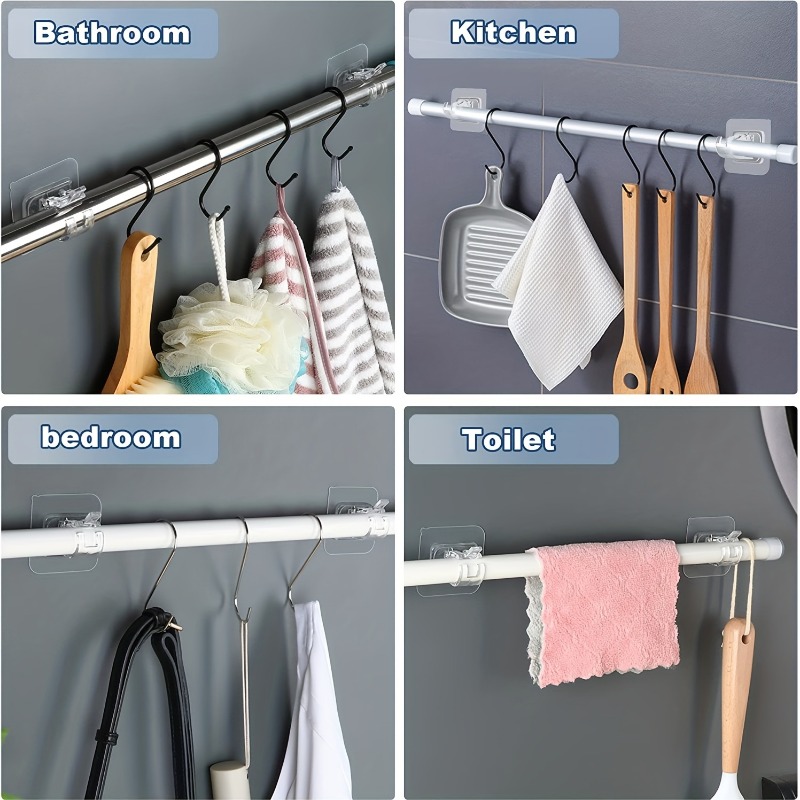 No Drilling Curtain Rod Brackets,Curtain Rod Hooks,Curtain Rod Hangers,  Self Adhesive for Home Bathroom (Black, 4PCS) 