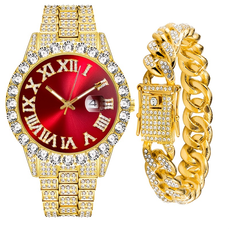 Reloj de pulsera para hombre, carátula colorida, cubierto completamente de  diamantes de imitación grandes, con números romanos - ST10327 RN Single