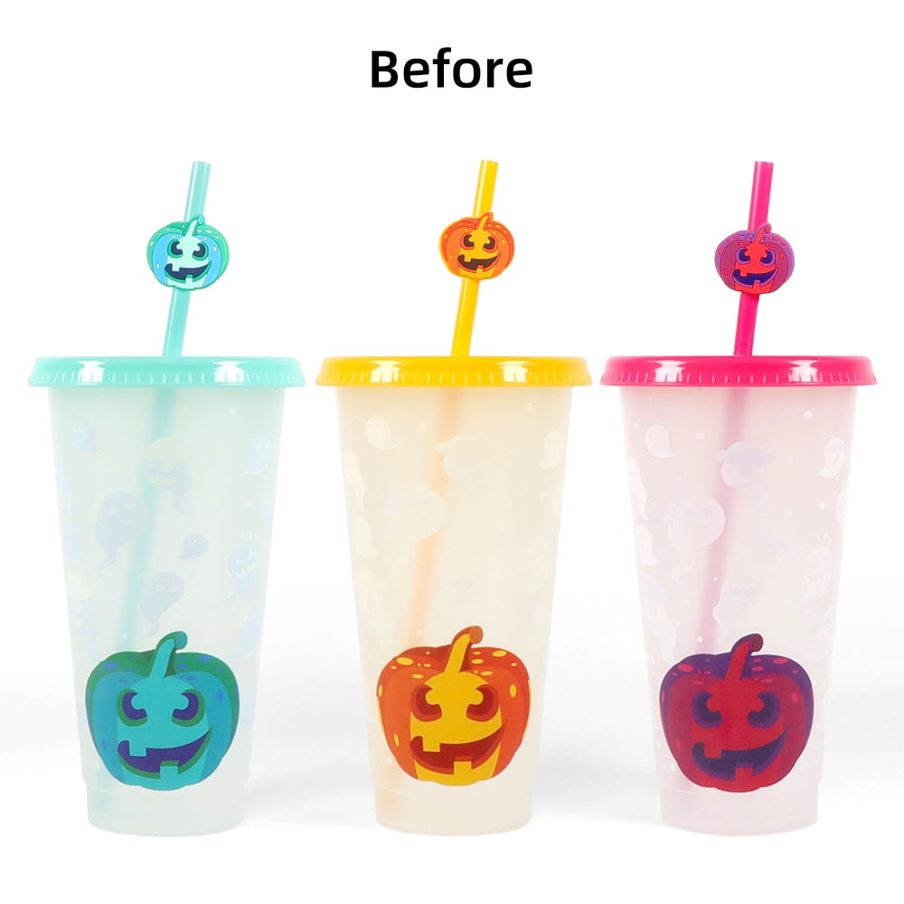 Halloween Cold Drink Cup Portable Dining Supplies Straw Cup Iced Coffee Cup  Discoloration Color Changing Cup,Halloween Gift