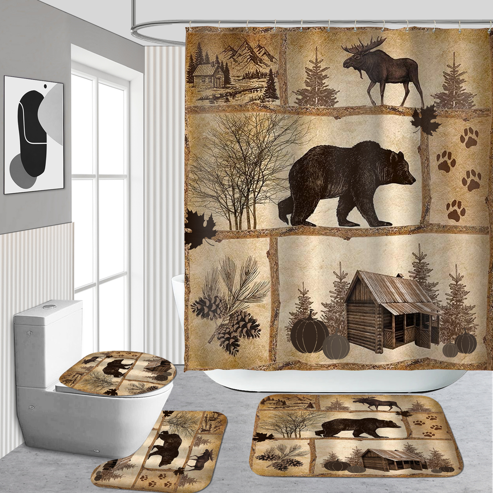 Black Bear Print Shower Curtain Set, Bathroom Rug, U-shape Mat, Toilet Lid  Pad, Waterproof Curtain With 12 Hooks,, Decorative Bathroom Set, Bathroom  Accessories - Temu