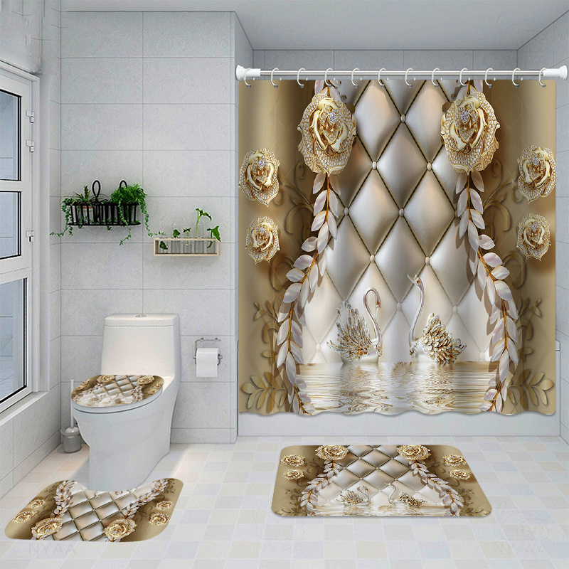 Luxury Bathroom Accessories Set Package Includes : 2 Rugs Mat Non Slip, 1 Shower Curtain with 12 Hooks and 4 Piece Ceramic Accesories Print Design