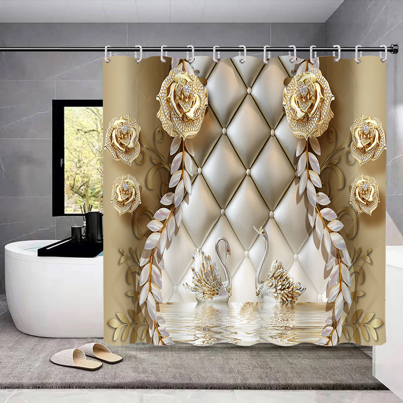 Luxury Bathroom Accessories Set Package Includes : 2 Rugs Mat Non Slip, 1 Shower Curtain with 12 Hooks and 4 Piece Ceramic Accesories Print Design