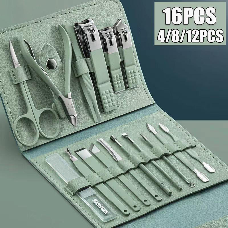 

16pcs Household Multi-functional Stainless Steel Ear Spoon Nail Clippers Pedicure Nail Scissors Tool Set With Folding Bag Manicure Cutter Kits