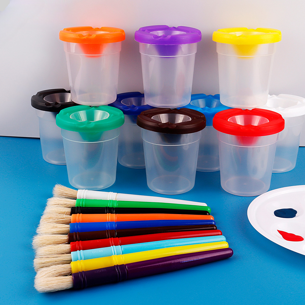 Spill proof Paint Cup With Colored Lid And Color Brush Set - Temu