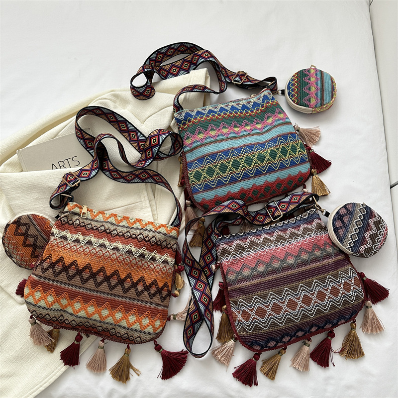 Korean Fashion Boho Fringed Crossbody Bag PU Letter Vintage Brown Shoulder  Bag Tassel Bohemian Hippie Gypsy Tribal Messenger Bag