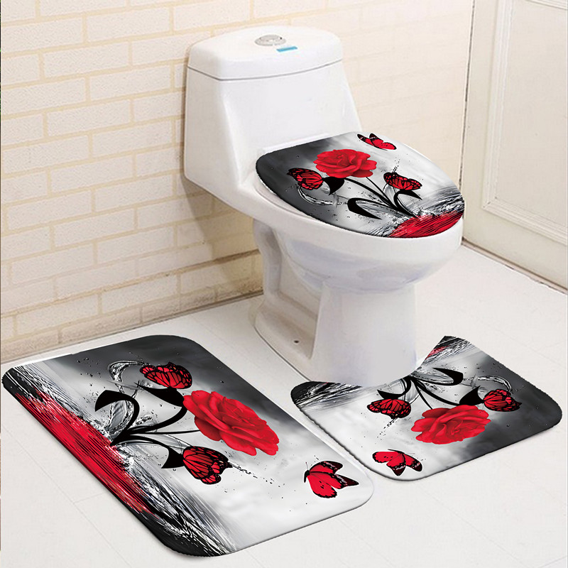 Waterproof Red Black Bathroom Set Non slip Rug Shower - Temu