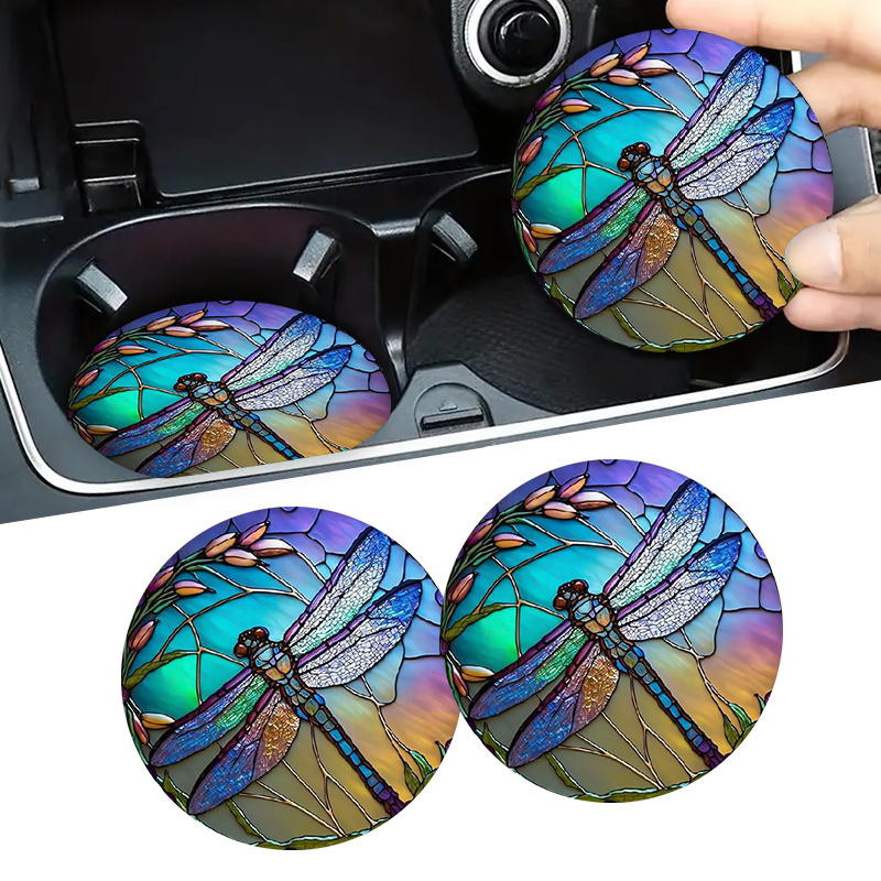 

2pcs Vibrant Dragonfly Car Coasters - Non-slip, Polyurethane Drink Mats For Vehicle Interiors