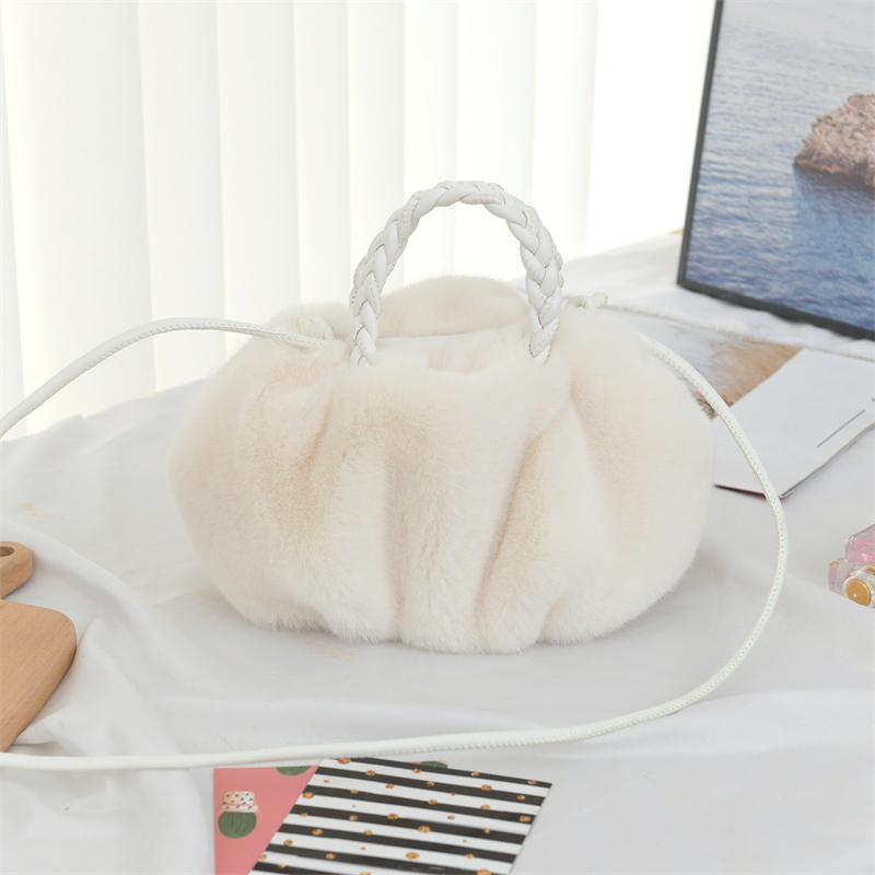 White Faux Fur Hand Purse Pompom Shoulder Handbags