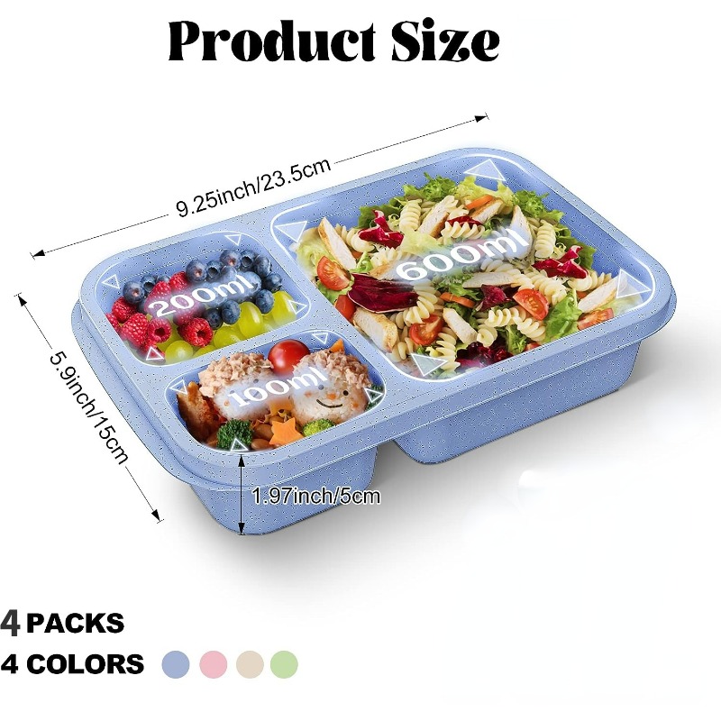 4 PCS Bento Lunch Box,4 Compartment Meal Prep Lunch Containers,Leak Proof  Bento Box Adult Lunch Box,BPA Free Plastic Reusable Food Storage Container