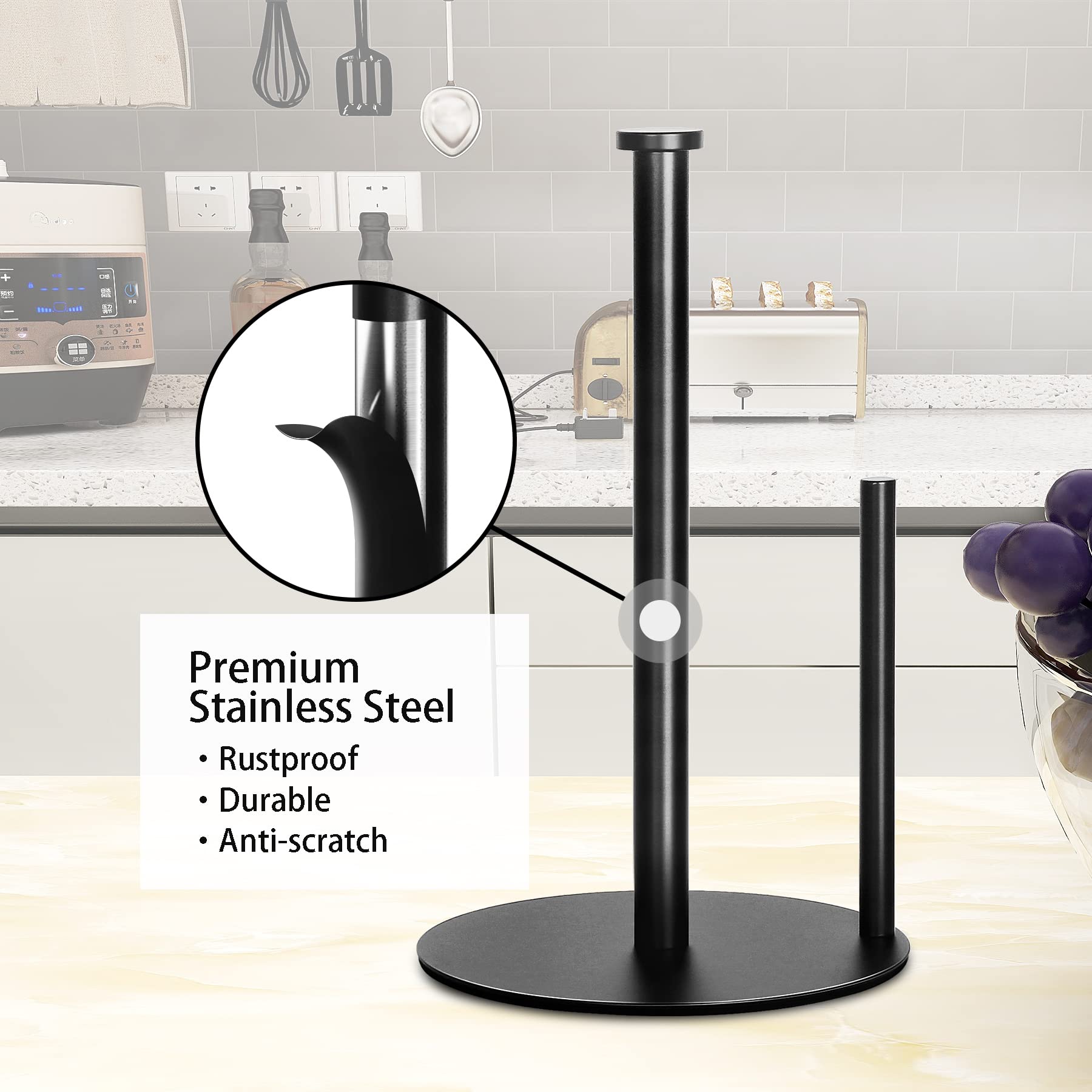 Paper Towel Holder Countertop, OBODING, Black Kitchen Paper Towel Holder Stand for Kitchen and Bathroom Organization, Stainless Steel Paper Towel
