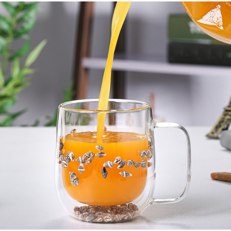 New Handle Double layer Glass Insulation Mug Real Flower - Temu