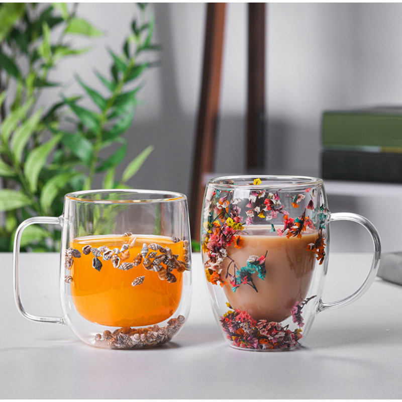 New Handle Double layer Glass Insulation Mug Real Flower - Temu