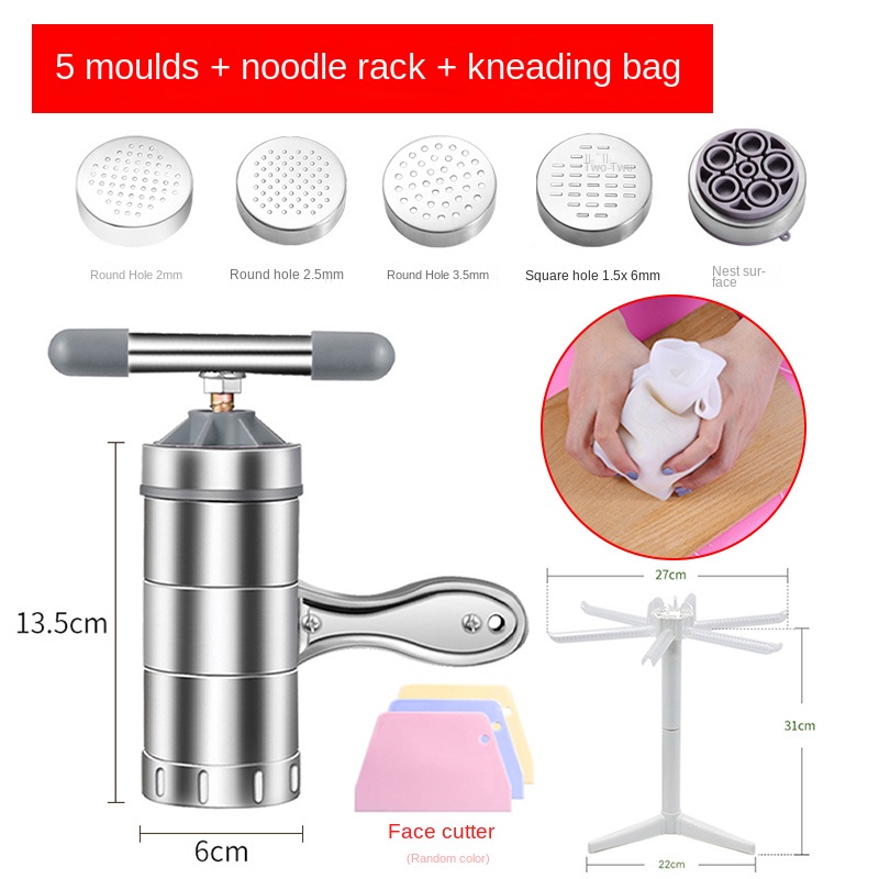 Noodle Making Machine, Stainless Steel Manual Noodles Press Machine Portable Pasta Maker Cutter Spaghetti Making Tools with 5 Pressing Moulds