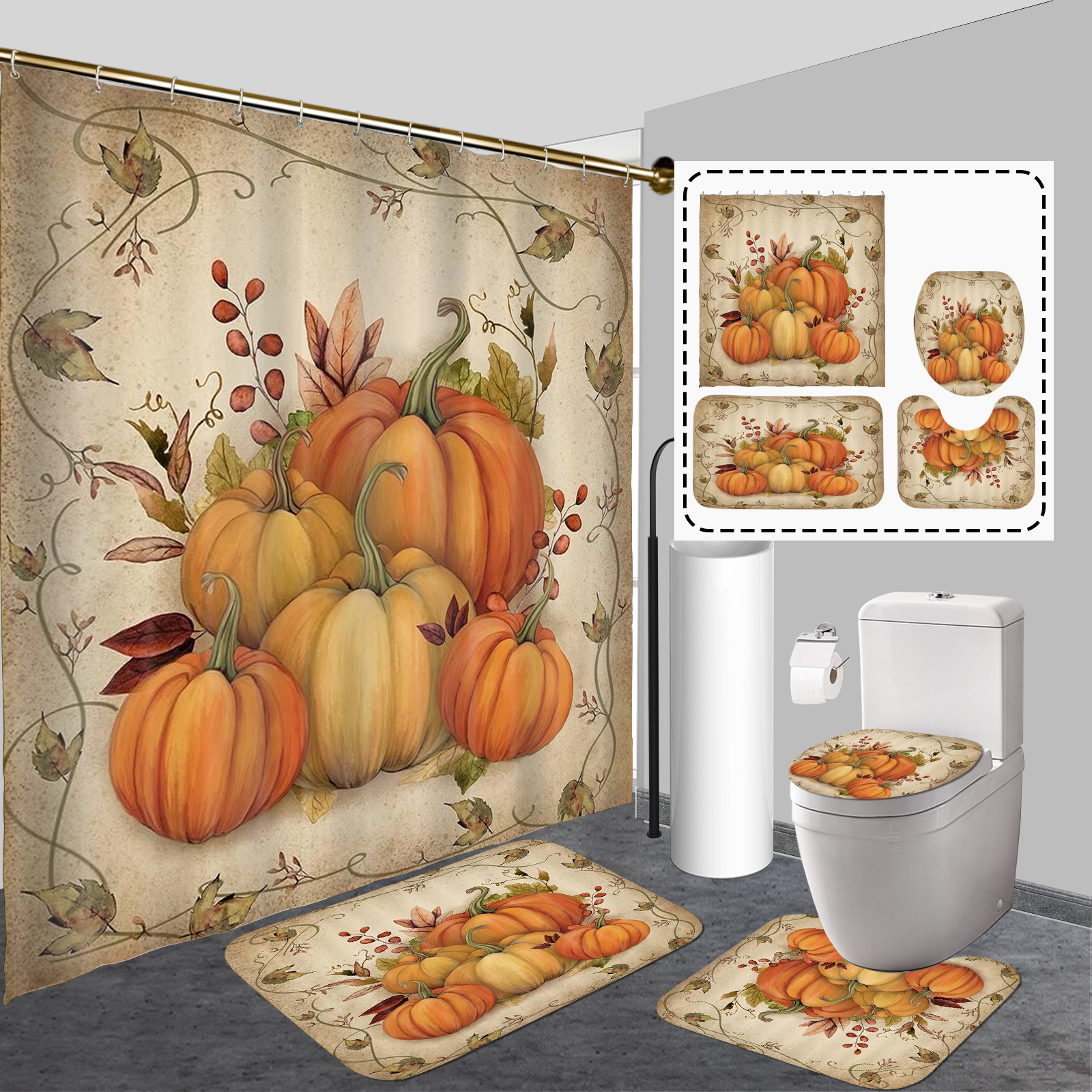 Set of 2 Fall Trend Oval Bath Mat with Floral Pumpkin – Akasia