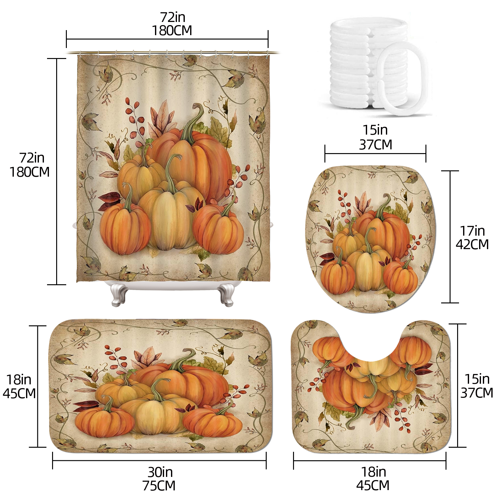 4Pc Harvest Pumpkin Autumn Leaves Shower Curtain Sets, Bathroom Sets With  Shower Curtain And Rugs, Bathroom Decor Rug, Toilet Lid Cover And Non-Slip U
